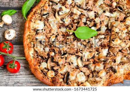   Home made Keto Tuna fish   italian style pizza.   Parmesan cheese, mozzarella  , mushrooms,olives   cherry tomatoes and ,fresh basil