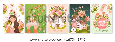 Set of five different Spring season card designs with flowers, people, houses and cats in love in muted shades of green, orange and pink, vector illustration