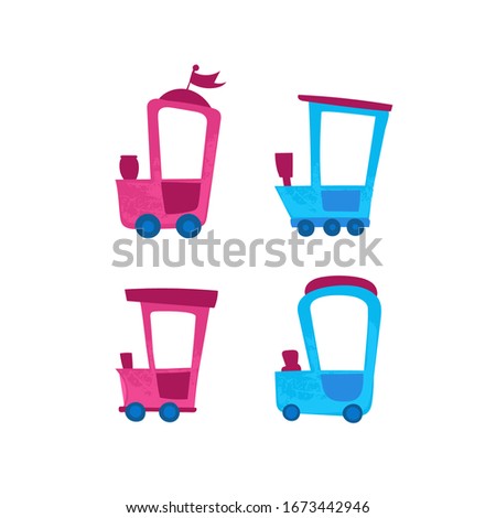 Set Funny cartoon train and wagons. Vector illustration for t-shirt prints, children books, greeting cards, posters, games, stickers or decor