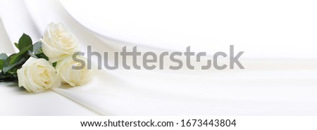 Three white roses on white silk. Horizontal background.