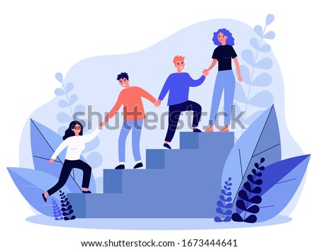 Happy young employees giving support and help each other flat vector illustration. Business team working together for success and growing. Corporate relations and cooperation concept. Royalty-Free Stock Photo #1673444641
