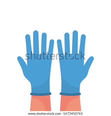 Hands putting on protective blue gloves. Latex gloves as a symbol of protection against viruses and bacteria. Precaution icon. Vector illustration flat design. Isolated on white background. Royalty-Free Stock Photo #1673450761