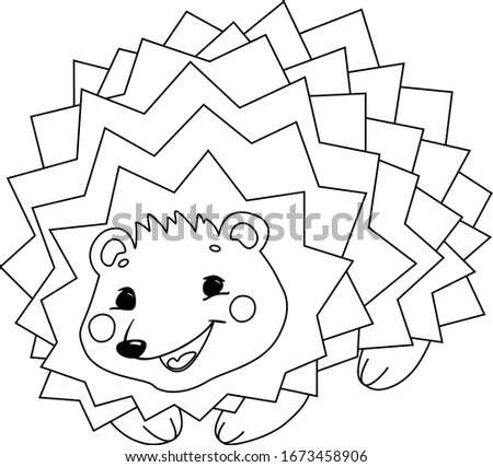 Outline vector animal isolated on white background. Hand draw coloring page with cute smile hedgehog. Little funny hedgehog. Print for baby textile, box, label, paper, card. Coloring book for children