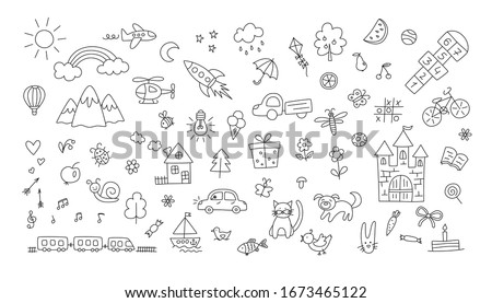 A set of children drawings. Kid doodle. Sun and rainbow over the mountains, knight castle, the boat on the waves and other objects. Vector illustration. Editable stroke