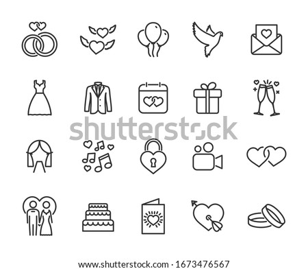 Vector set of wedding line icons. Contains icons bride and groom, rings, invitation, wedding cake, gift, love hearts, doves and more. Pixel perfect. Royalty-Free Stock Photo #1673476567