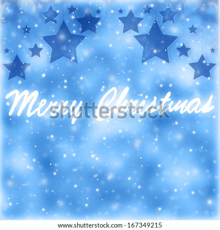 Merry Christmas postcard, handwriting text on blue abstract background, festive wallpaper, wintertime holidays concept