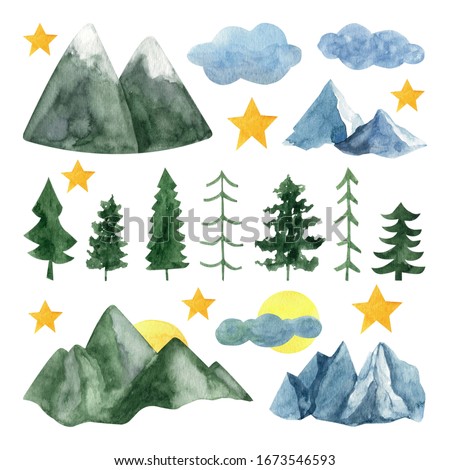 Adorable hand painted watercolor mountain and trees clip art. Isolated on white background drawing for textile prints, child poster, cute stationery, travel design. High quality landscape.