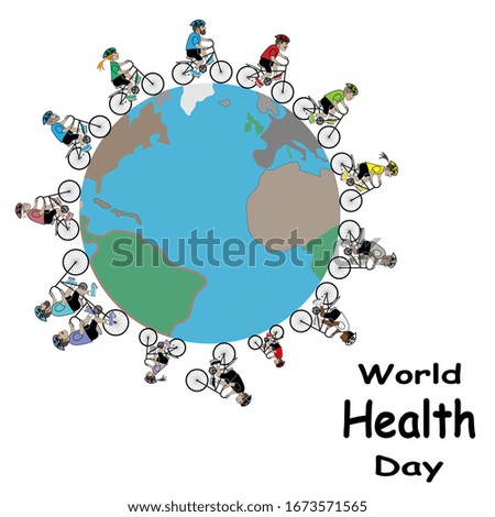 World Health day greeting card. People of different ages and nationalities are riding around the Earth.