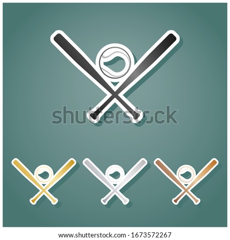 Baseball sign. Set of metallic Icons with gray, gold, silver and bronze gradient with white contour and shadow at viridan background. Illustration.