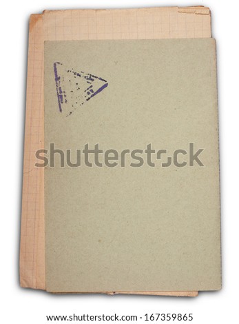Stack of old blank paper pages back side grunge with space for text or image with triangle stamp isolated on white background