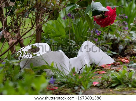 Roll of white toilet paper hidden behind flowers in a garden. Photograph likens hard to find toilet rolls (due to panic buying during the Corona virus pandemic) to the extinction of wildlife.