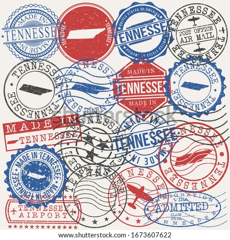 Tennessee, USA Set of Stamps. Travel Passport Stamps. Made In Product. Design Seals in Old Style Insignia. Icon Clip Art Vector Collection.
