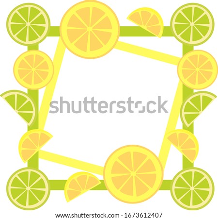 Fruit frame. Place for text. Orange and lime. Summer bright frame. Сtrus fruit background. Isolated on white background.Use for children, banners, notes, cards, menu, photo frame