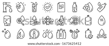 Set of Bottle, Antibacterial filter and Tap water linear icons. Water drop line icons. Bacteria, Cooler and Refill barrel bottle. Liquid drop, antibacterial cleaner and drink machine, tap. Vector Royalty-Free Stock Photo #1673625412