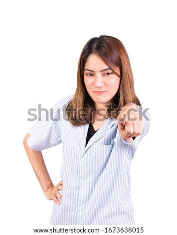 woman pointing finger go front with anger on white background