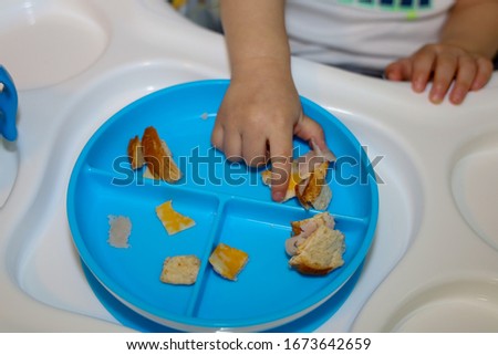 A baby's hand picking up a piece of turkey and cheese sandwich. Toddler eating table food.