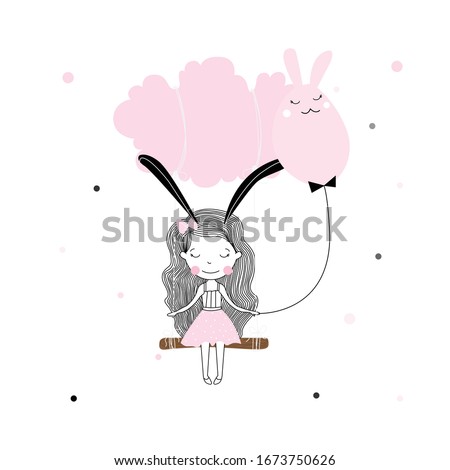 Easter themed kids characters cute little ribbon Holding a rabbit-shaped ball girl in pink with swinging on a cloud cartoon style. eggs hunt, Easter graphics. t-shirt print vector design