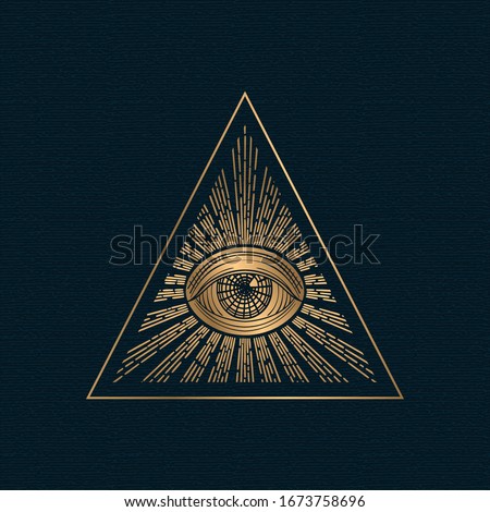 All seeing eye vector, illuminati symbol in triangle with light ray, tattoo design isolated on white background Royalty-Free Stock Photo #1673758696