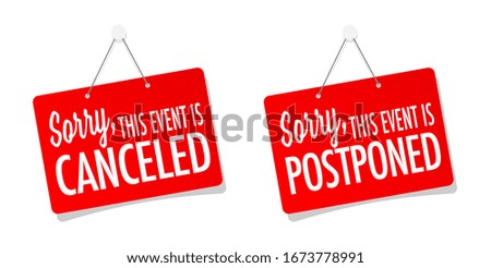 Sorry, this event is canceled or postponed on door sign hanging Royalty-Free Stock Photo #1673778991