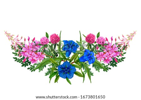 Wild flowers bouquet, design template, pink and blue tints, hand drawn watercolor arrangement.