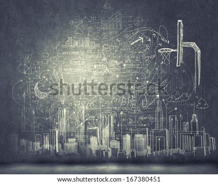 Background image with sketches and drawings on black wall