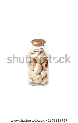 Jar with shells from the sea, on a white background.