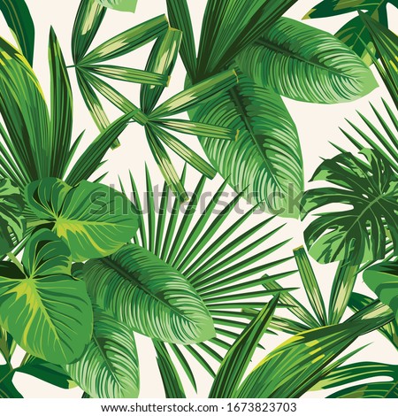 Exotic tropical natural green leaves vector composition on white background. Beach seamless pattern wallpaper