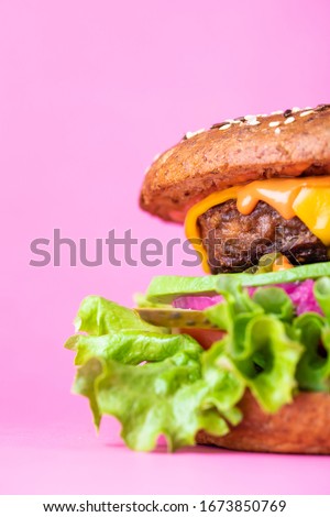 Half of the burger close up with pink background and place for text