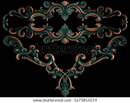 Collection of copper ornaments with green patina on a black background. Isolated. Isolated. 3D illustration
