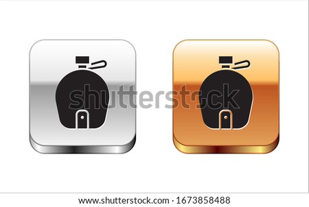 Black Canteen water bottle icon isolated on white background. Tourist flask icon. Jar of water use in the campaign. Silver-gold square button. Vector Illustration
