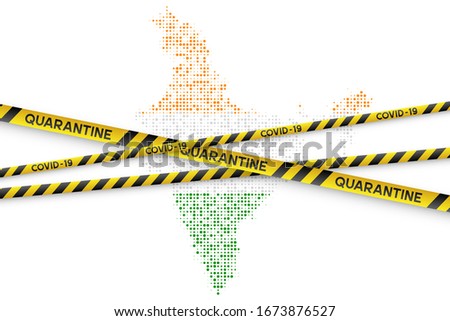 India Coronavirus quarantine concept. Covid-19, MERS-Cov. Yellow and black stripes with map in national indian flag colors. Quarantine biohazard sign. Vector. Royalty-Free Stock Photo #1673876527