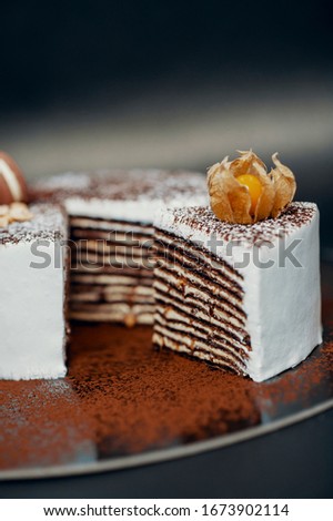 Pastry, bakery and branding concept, sweet food and cake macaron for luxury confectionery brand, holiday backdrop design.White cake with cocoa powder isolated on black background.Copy space text