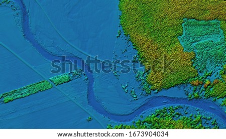 Digital elevation model. GIS product made after proccesing aerial pictures taken from a drone.  It shows meandering river with pine forest next to it Royalty-Free Stock Photo #1673904034