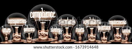 Photo of light bulbs with shining fibers in a shape of Compliance, Standards, Regulations and Transparency concept related words isolated on black background