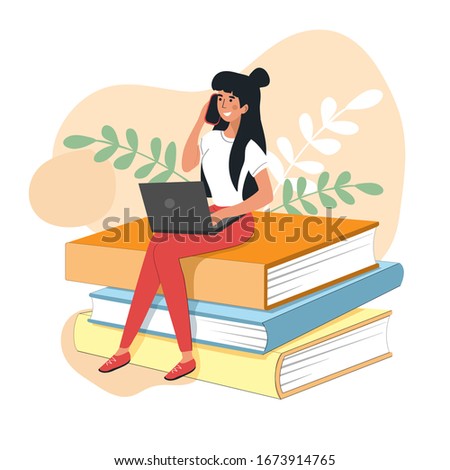 Vector illustration with a beautiful girl in a white T-shirt sitting at a laptop on books and talking on the phone on a white background. The student is studying. Office worker concept
