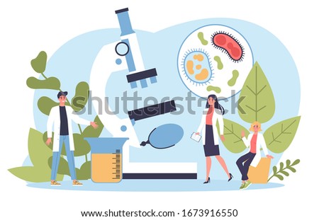 Biology science concept. People with microscope make laboratory analysis. Idea of education and experiment. Vector illustration in cartoon style Royalty-Free Stock Photo #1673916550