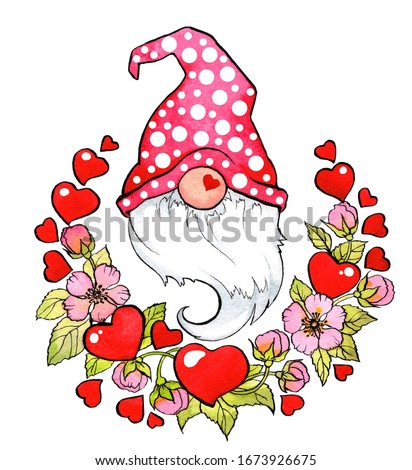 Cheerful dwarves in bright caps with a long gray beard with flowers and a heart, hand-drawn isolated on a white background, illustration of spring love. Love gnome illustration for print.
