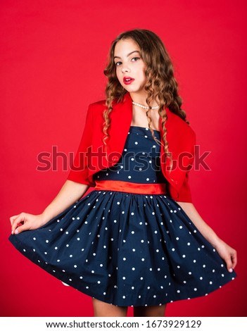 charm youth. pretty child long curly hair. small girl makeup. old school. hair waving and care. healthy strong hair. shampoo for brunette locks. perfect curl. elegant retro kid. vintage fashion lady.