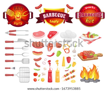 BBQ party dishware and fresh vegetables isolated icons raster. Frying pan with flame utensils, flatware with meat. Beef and pork, salmon and hot dog