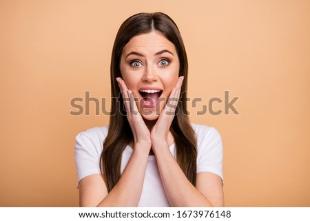 Portrait of astonished crazy girl look incredible black friday bargains impressed touch hands face shout yell wear stylish outfit isolated over pastel color background
