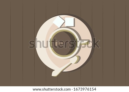 Cup of coffee, sugar, and a spoon in a saucer. Flat vector illustration.