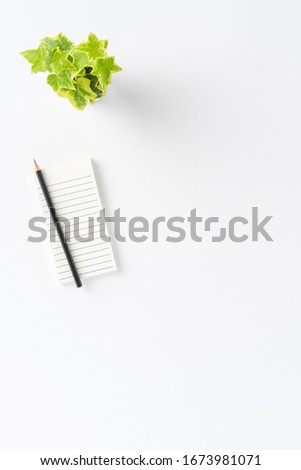 Elegant office desktop with notebook, pencil and flower on white background with copyspace. Business background. Top view