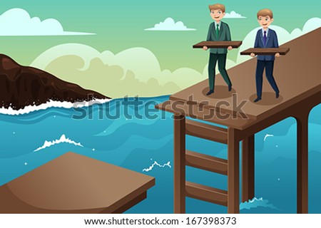 A vector illustration of business concept of two businessmen trying to build a bridge across the river