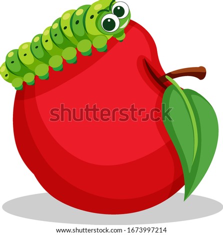 Little caterpillar crawling on red apple on white background illustration