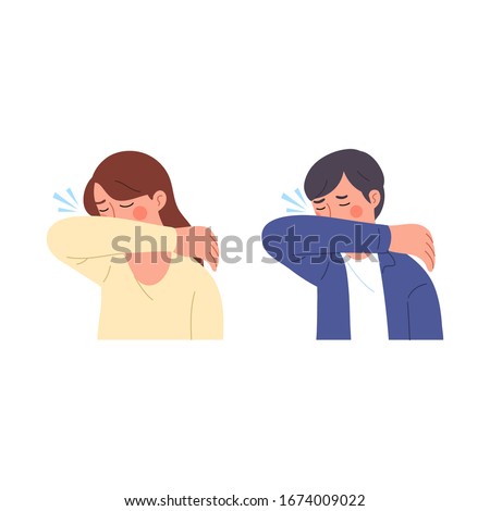 male and female illustration characters when sneezing trying to cover their mouths with their arms to prevent germs from flying from their mouths Royalty-Free Stock Photo #1674009022