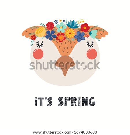 Hand drawn vector illustration of a cute owl face in a flower crown, with lettering quote Its Spring. Isolated objects on white. Scandinavian style flat design. Concept for children print.