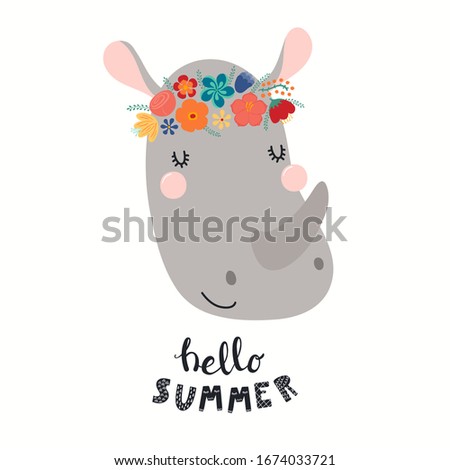 Hand drawn vector illustration of a cute rhino face in a flower crown, with lettering quote Hello Summer. Isolated objects on white. Scandinavian style flat design. Concept for children print.