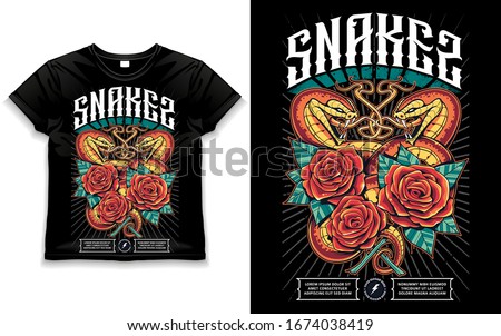 T-shirt design with snakes and roses. Snakes open mouth wild and wraps the flowers. Classic grunge tattoo style print design. Bright juicy colors. Vector art. 