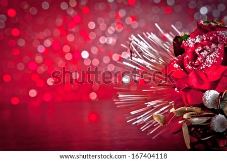 christmas decoration on red bokeh background with space for text