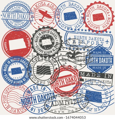 North Dakota, USA Set of Stamps. Travel Passport Stamps. Made In Product. Design Seals in Old Style Insignia. Icon Clip Art Vector Collection.